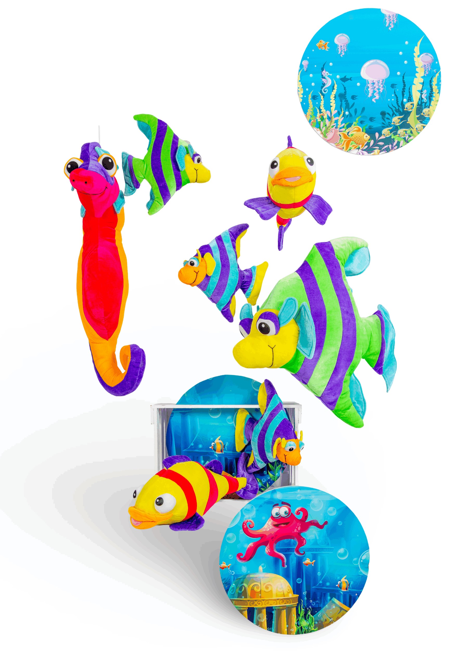 Set aus verschiedenen Plüschfischen